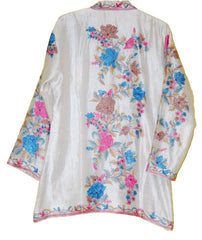 Kashmiri Silk Jacket White, Multicolor Embroidery #AO-041