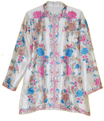Kashmiri Silk Jacket White, Multicolor Embroidery #AO-041
