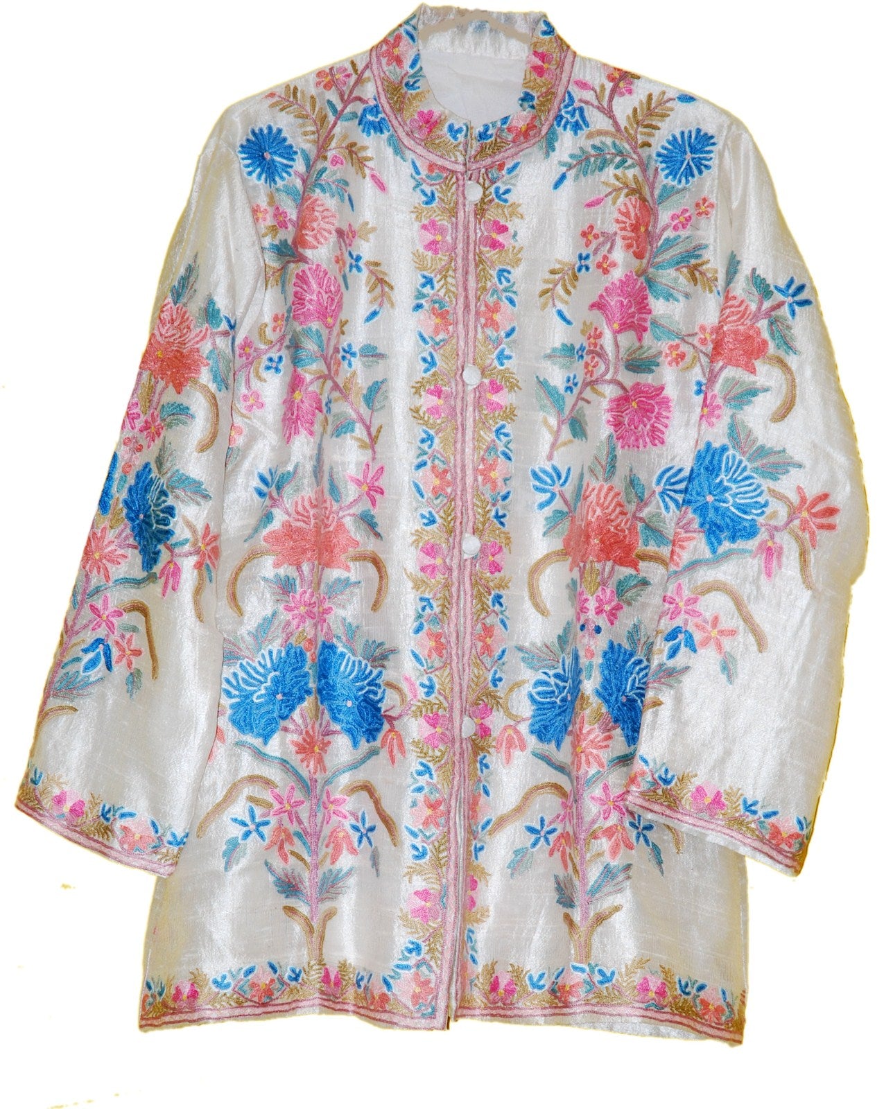 Kashmiri Silk Jacket White, Multicolor Embroidery #AO-042
