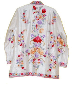 Kashmiri Silk Jacket White, Multicolor Embroidery #AO-043