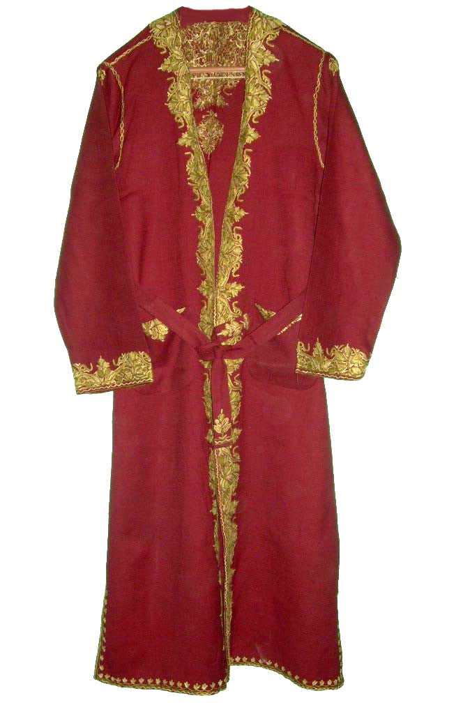 Woolen Ladies Dressing Gown Maroon, Olive Embroidery #WG-001
