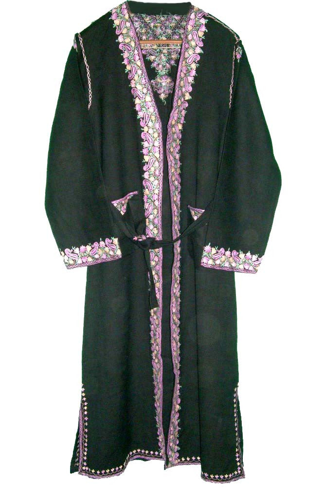 Woolen Ladies Dressing Gown Black, Multicolor Embroidery #WG-002