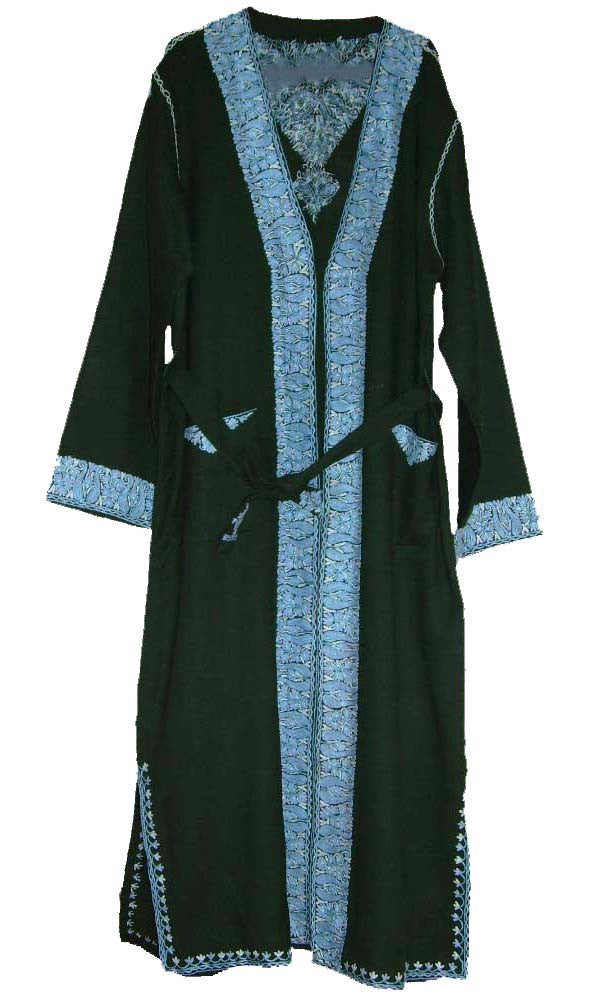Woolen Ladies Dressing Gown Green, Turquoise Embroidery #WG-003