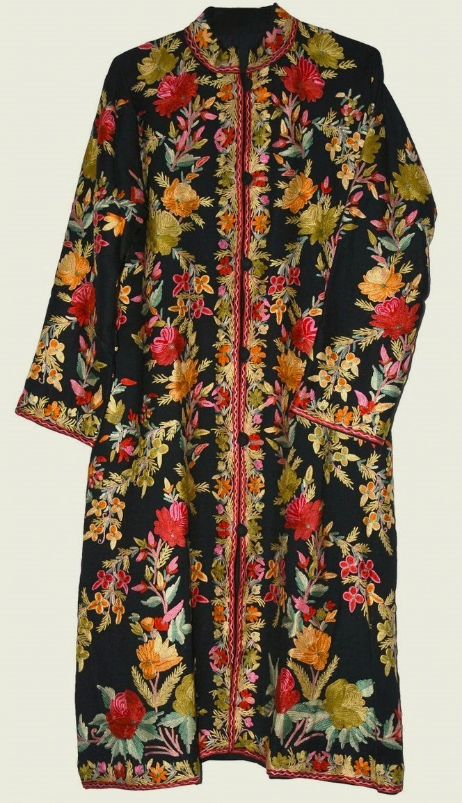 Kashmir Wool Coat Long Jacket Black, Multicolor Embroidery #AO-101