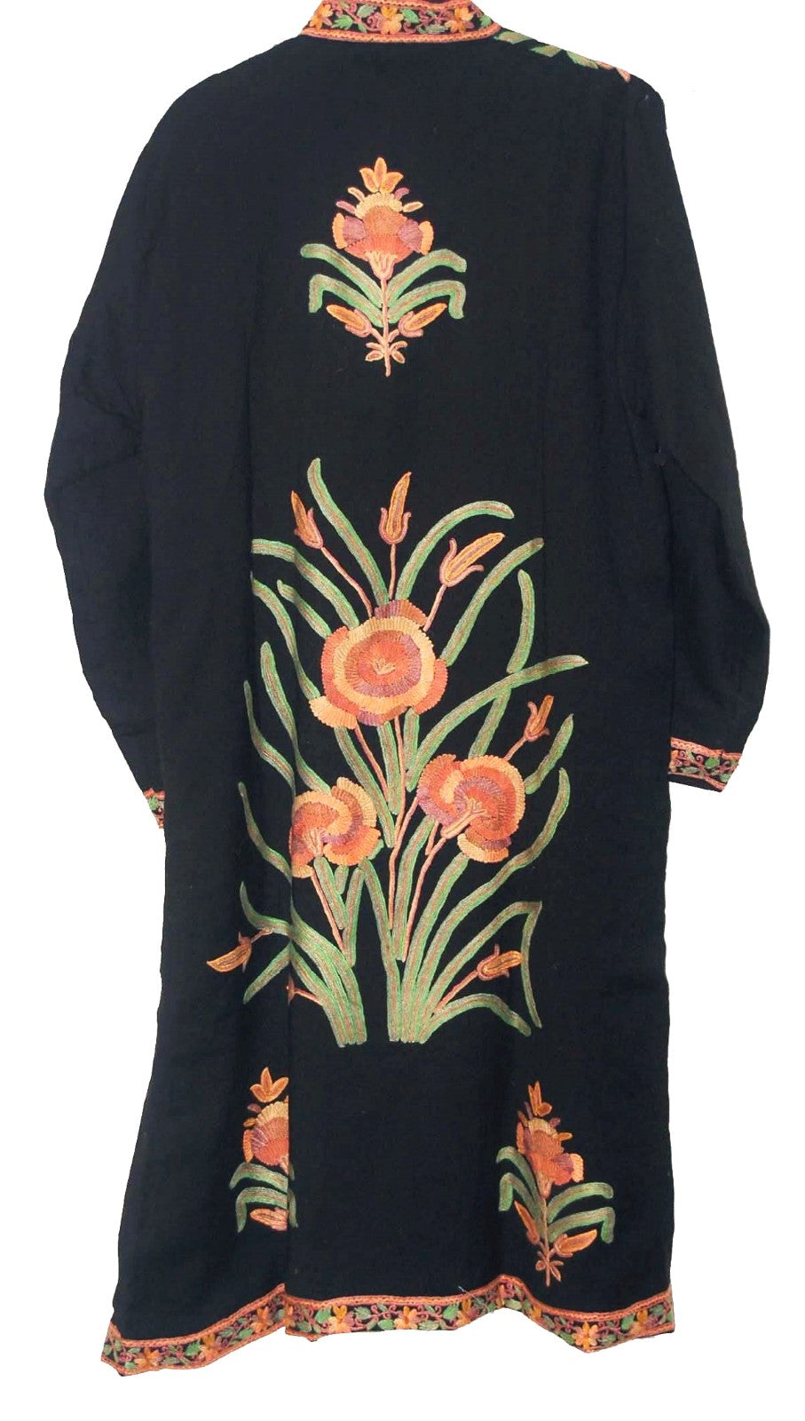 Woolen Coat Long Jacket Black, Multicolor Embroidery #AO-1212