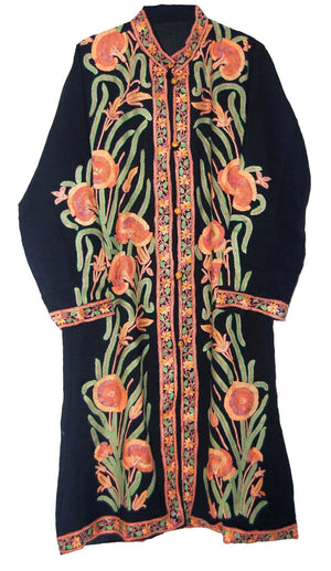 Woolen Coat Long Jacket Black, Multicolor Embroidery #AO-1212