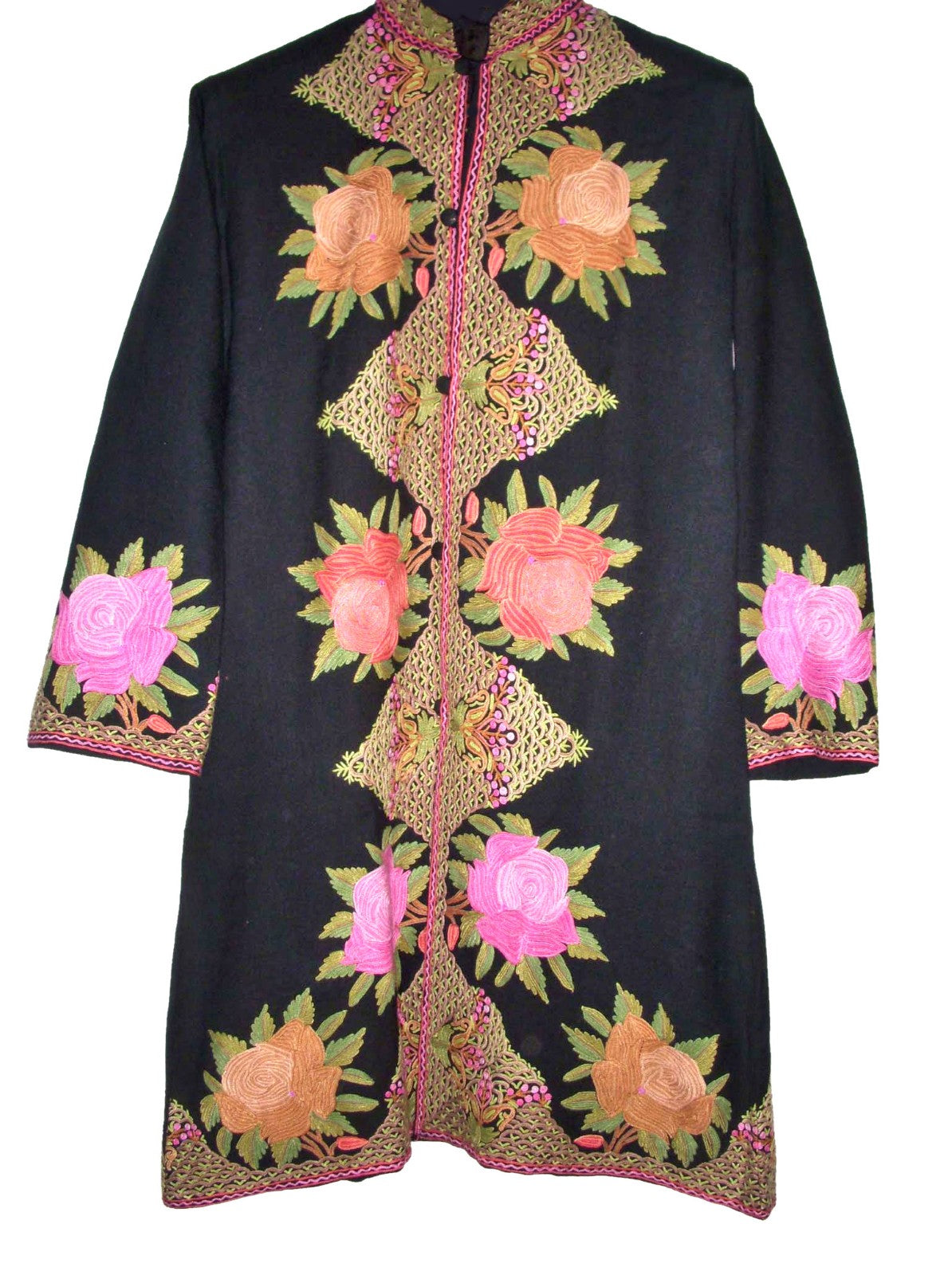 Woolen Coat Long Jacket Black, Multicolor Embroidery #AO-121