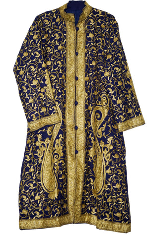 Woolen Coat Long Jacket Navy, Olive Embroidery #AO-1521