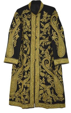 Woolen Coat Long Jacket Black, Olive Embroidery #AO-152
