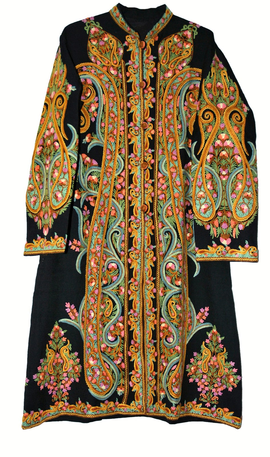 Woolen Coat Long Jacket Black, Multicolor Embroidery #AO-1603