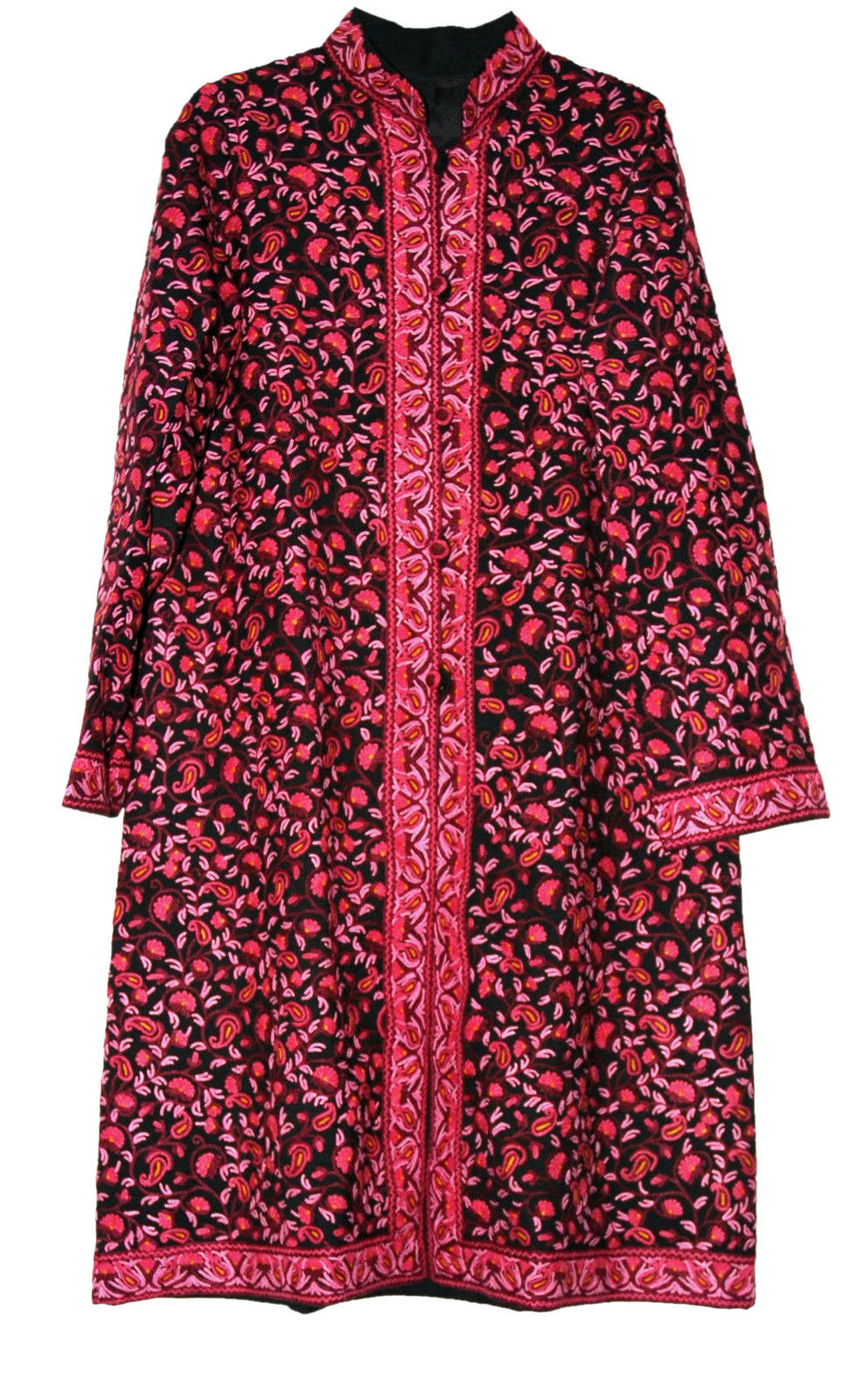 Woolen Coat Long Jacket Black, Pink and Magenta Embroidery #AO-1606