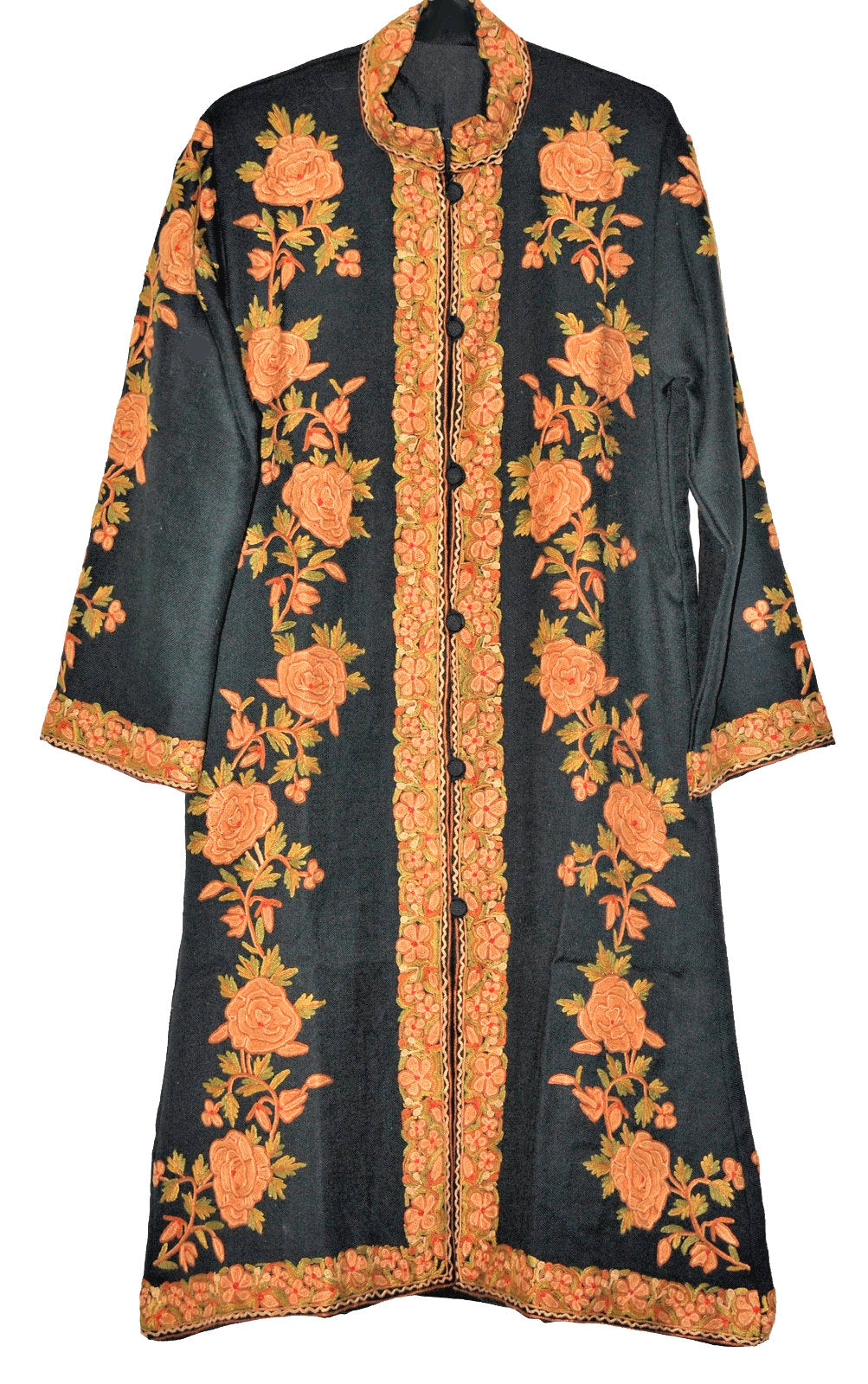 Woolen Coat Long Jacket Black, Rust and Olive Embroidery #AO-160