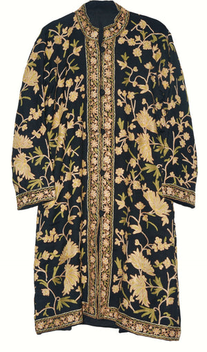 Woolen Coat Long Jacket Black, Cream and Olive Embroidery #AO-161