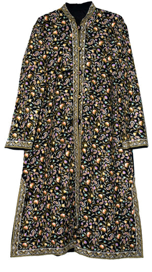 Woolen Coat Long Jacket Black, Multicolor Embroidery #AO-1621