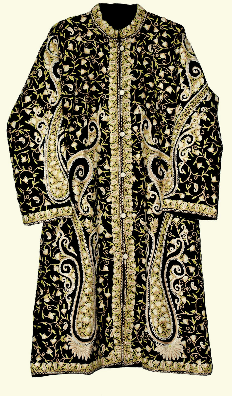 Woolen Coat Long Jacket Black, Cream and White Embroidery #AO-162