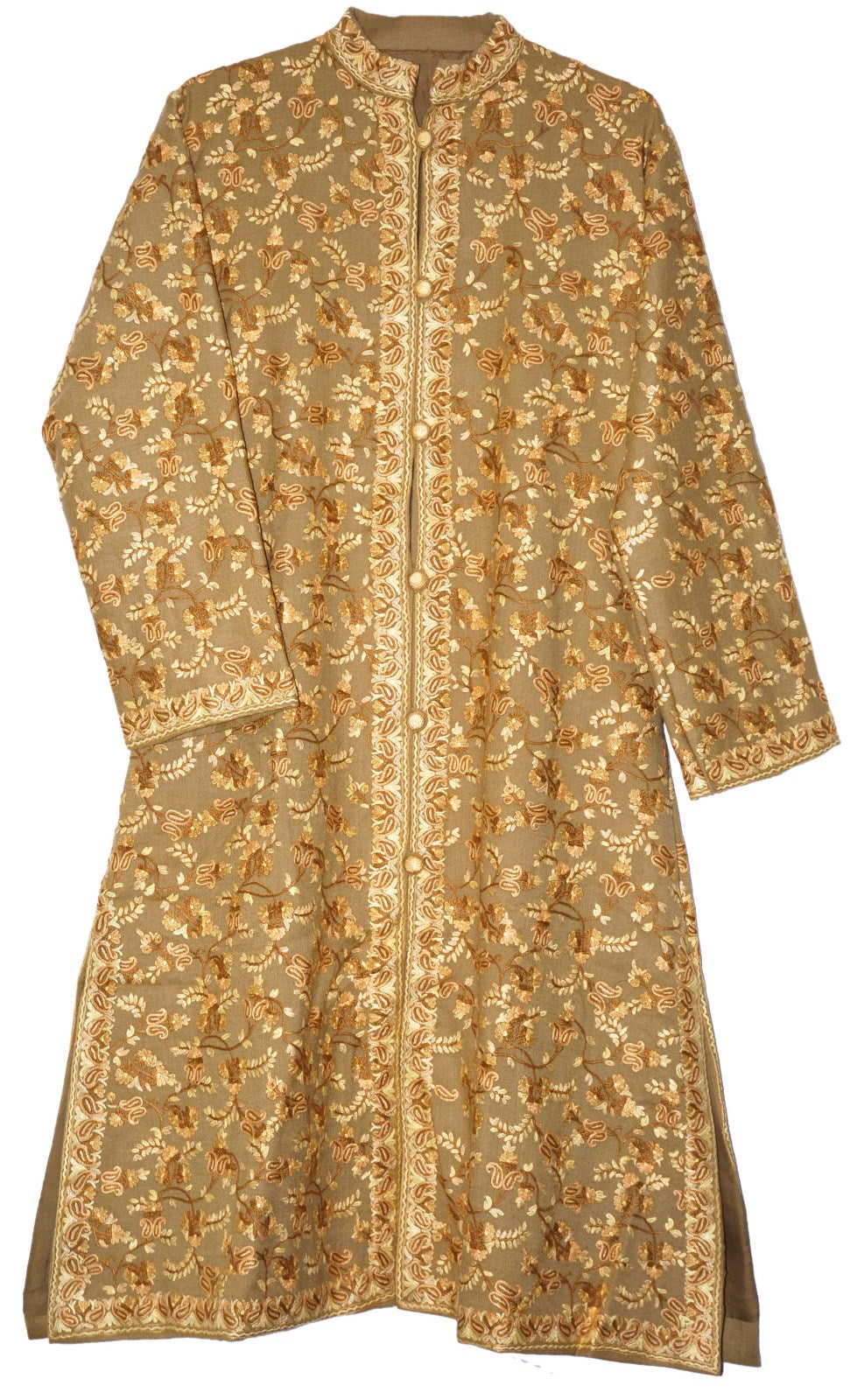 Kashmiri Woolen Coat Long Jacket "Sherwani" Mustard, Multicolor Embroidery #AO-170