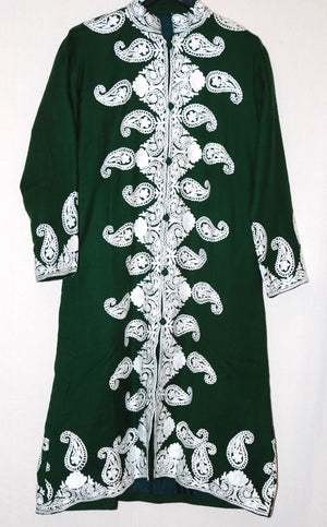 Kashmiri Woolen Coat Long Jacket Green, White Embroidery #AO-173