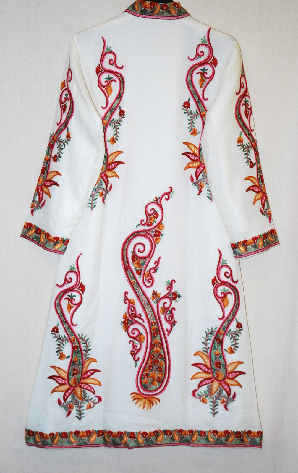 Kashmir Woolen Coat Long Jacket White, Multicolor Embroidery #AO-179