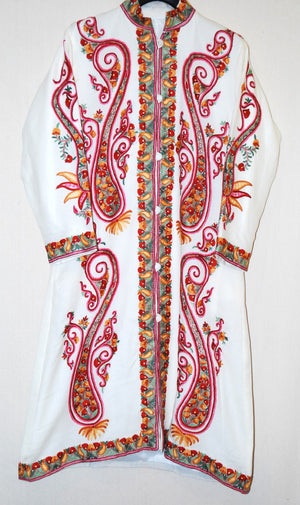 Kashmir Woolen Coat Long Jacket White, Multicolor Embroidery #AO-179