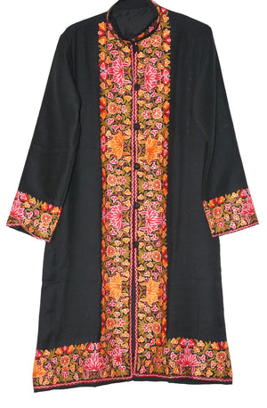 Woolen Coat Long Jacket Black, Multicolor Embroidery #BD-116