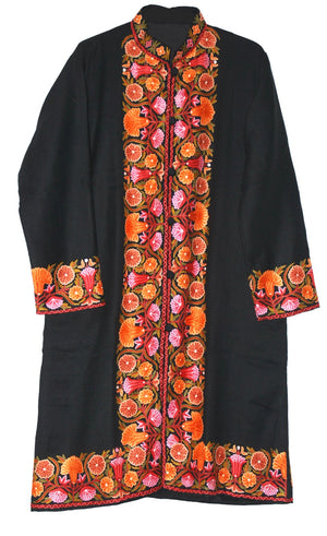 Woolen Coat Long Jacket Black, Multicolor Embroidery #BD-117