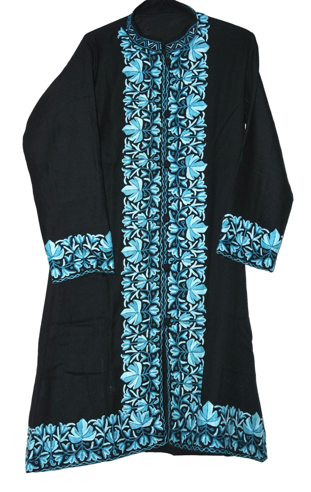 Woolen Coat Long Jacket Black, Blue Embroidery #BD-118