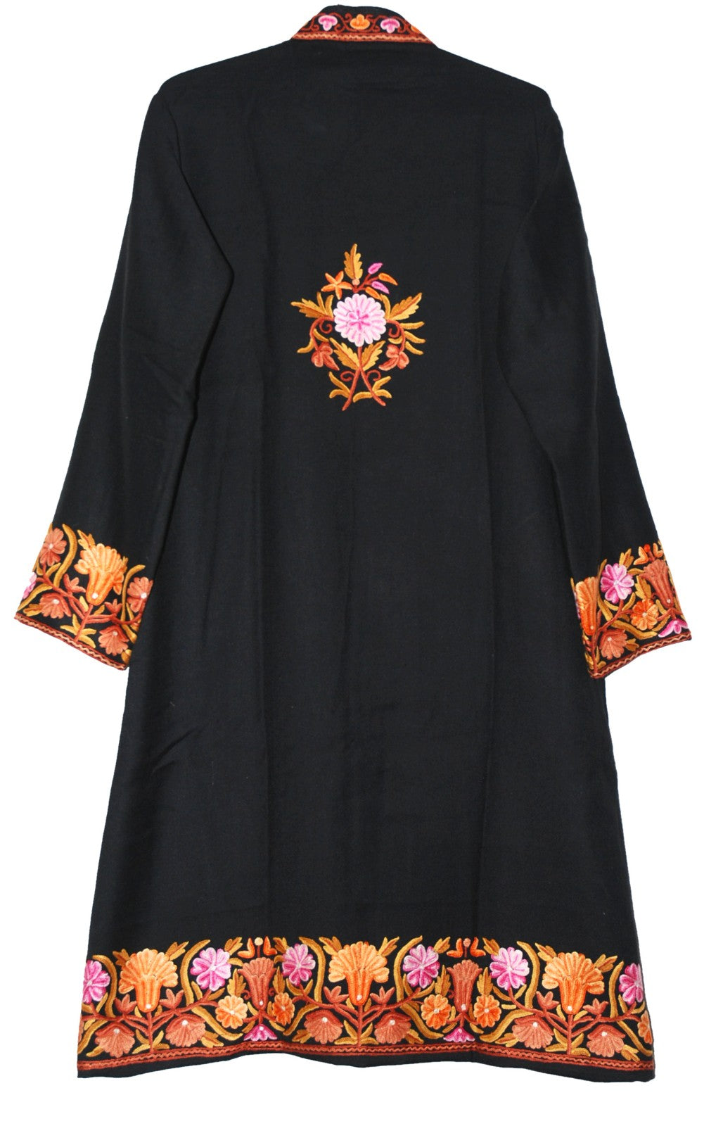 Woolen Coat Long Jacket Black, Multicolor Embroidery #BD-119