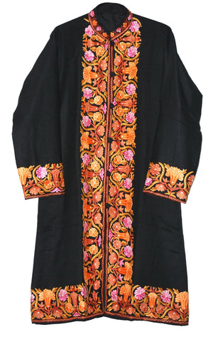 Woolen Coat Long Jacket Black, Multicolor Embroidery #BD-119