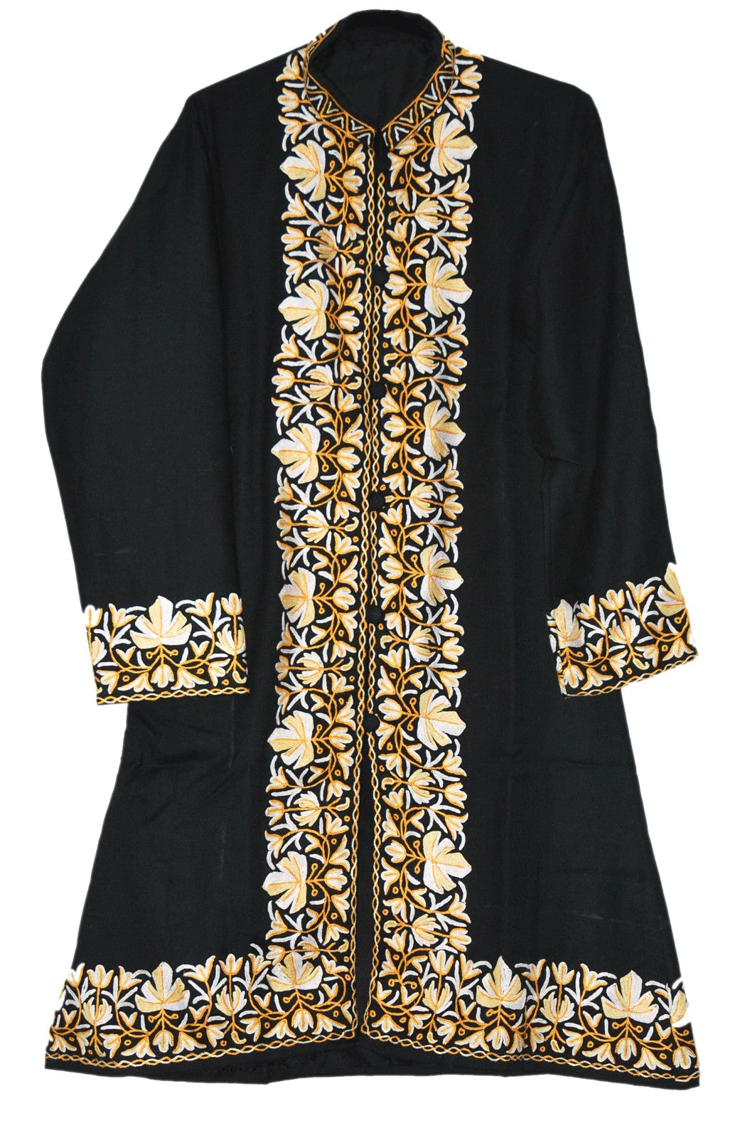 Woolen Coat Long Jacket Black, Cream and Yellow Embroidery #BD-120