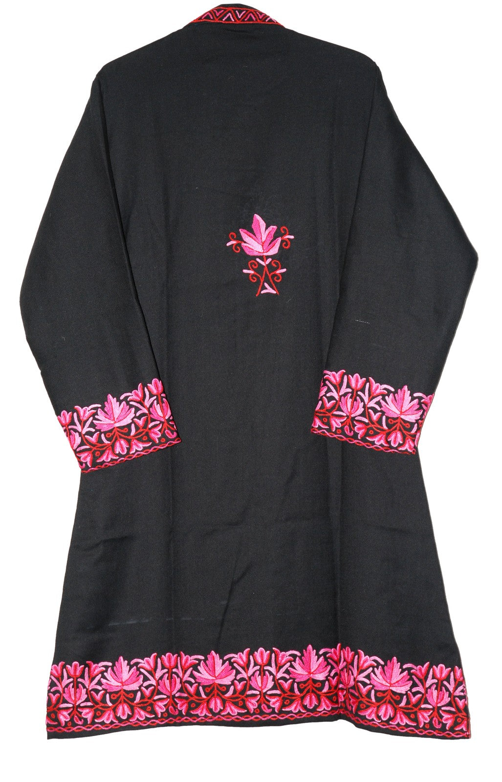 Woolen Coat Long Jacket Black, Pink Embroidery #BD-121