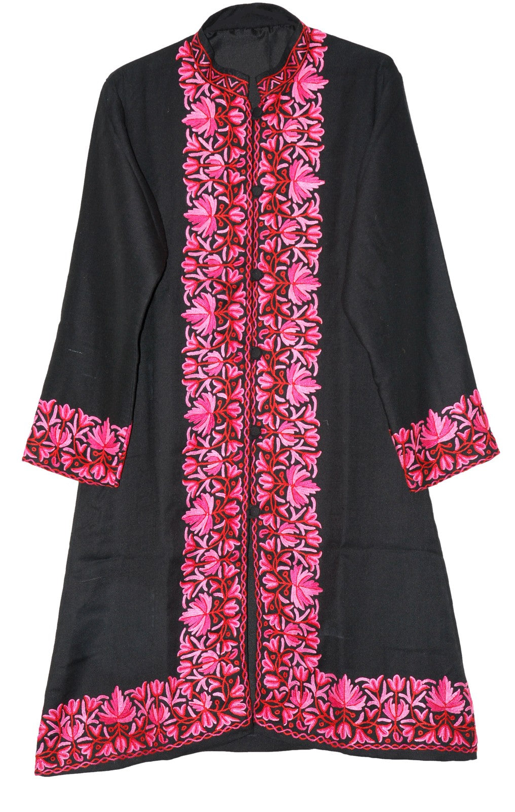 Woolen Coat Long Jacket Black, Pink Embroidery #BD-121