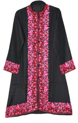 Woolen Coat Long Jacket Black, Pink Embroidery #BD-121