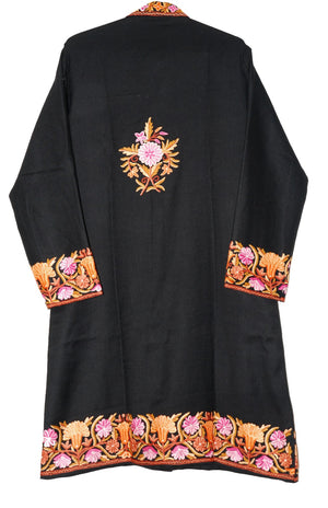 Woolen Coat Long Jacket Black, Multicolor Embroidery #BD-122