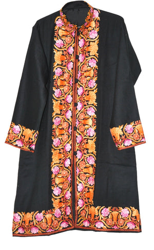 Woolen Coat Long Jacket Black, Multicolor Embroidery #BD-122