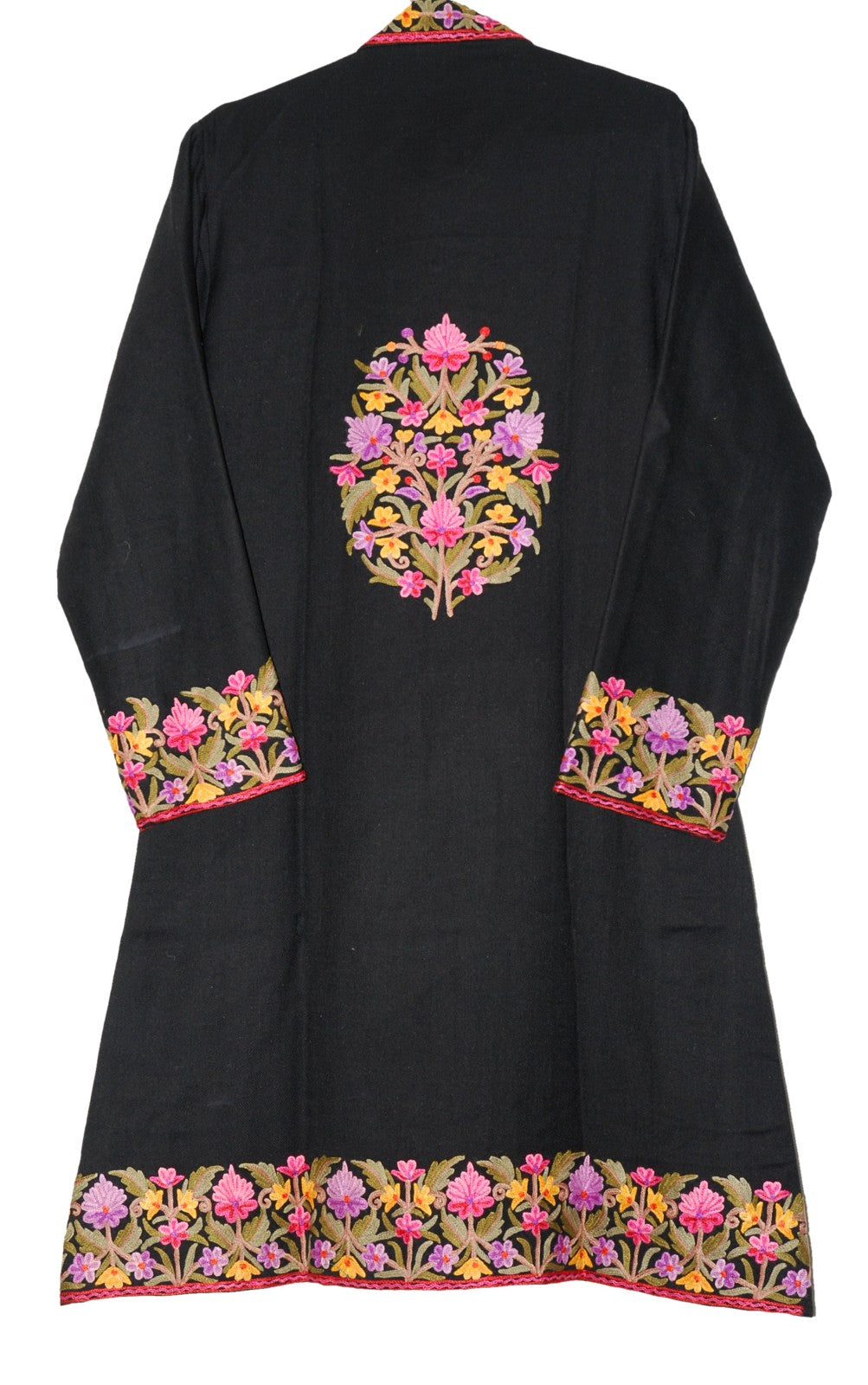 Woolen Coat Long Jacket Black, Multicolor Embroidery #BD-123