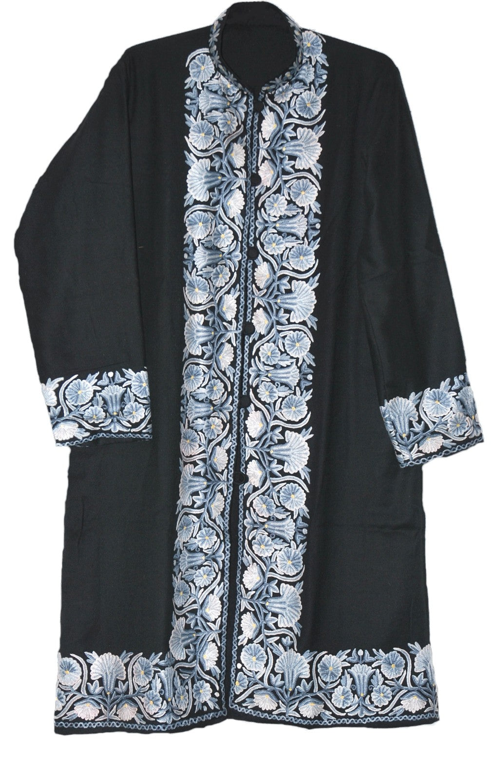 Woolen Coat Long Jacket Black, Grey and White Embroidery #BD-124
