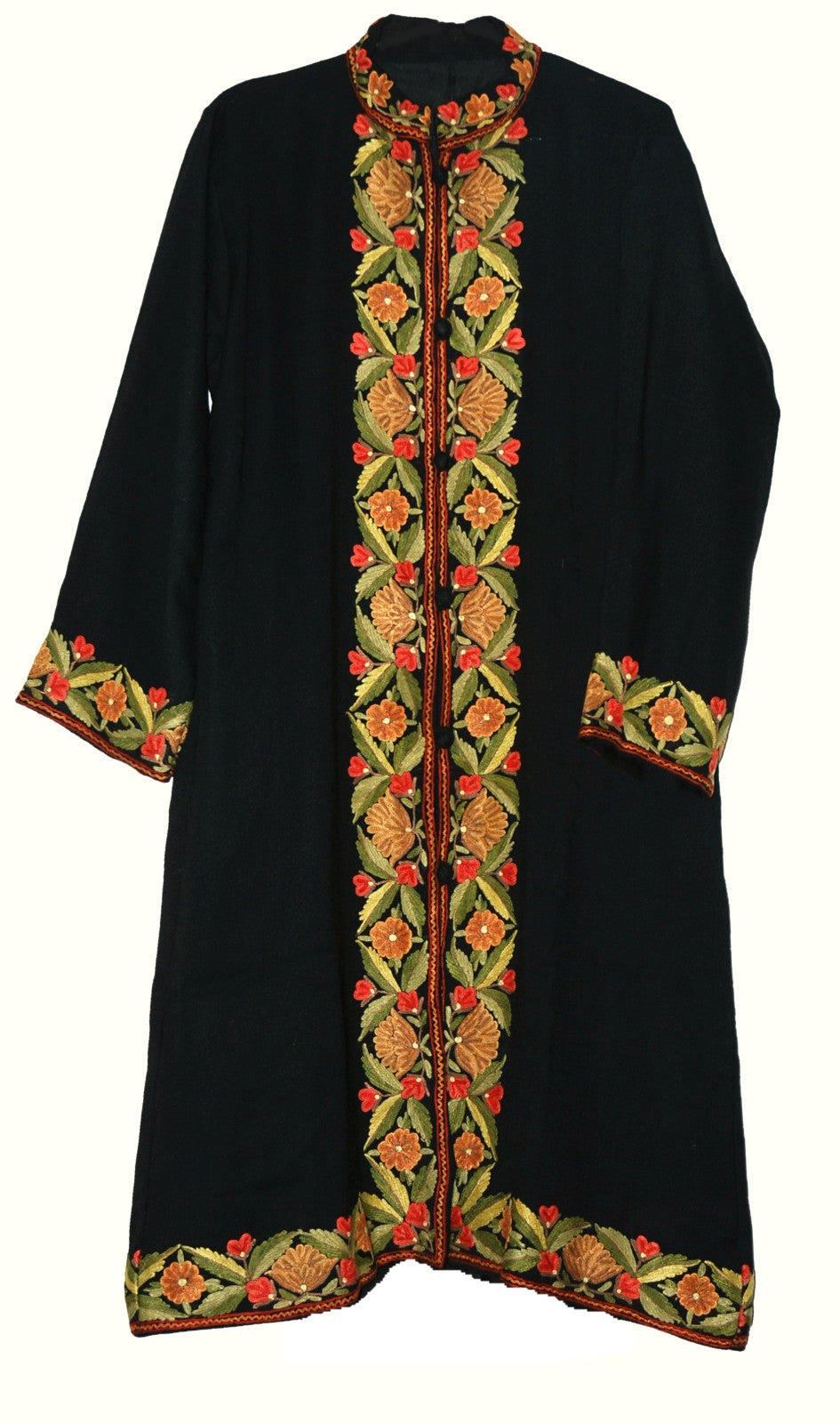 Woolen Coat Long Jacket Black, Multicolor Embroidery #BD-125