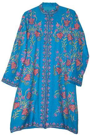 Woolen Coat Long Jacket Sky Blue, Multicolor Embroidery #AO-1130