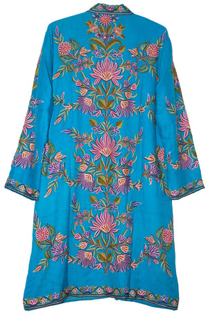 Woolen Embroidered Coat Long Jacket Sky Blue, Purple Embroidery #AO-1131
