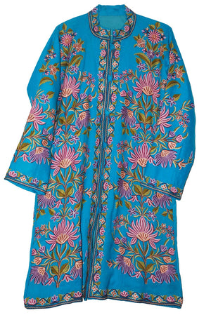 Woolen Embroidered Coat Long Jacket Sky Blue, Purple Embroidery #AO-1131
