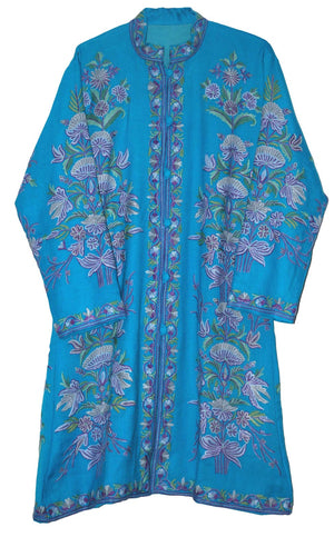Woolen Embroidered Coat Long Jacket Sky Blue, Purple Embroidery #AO-172