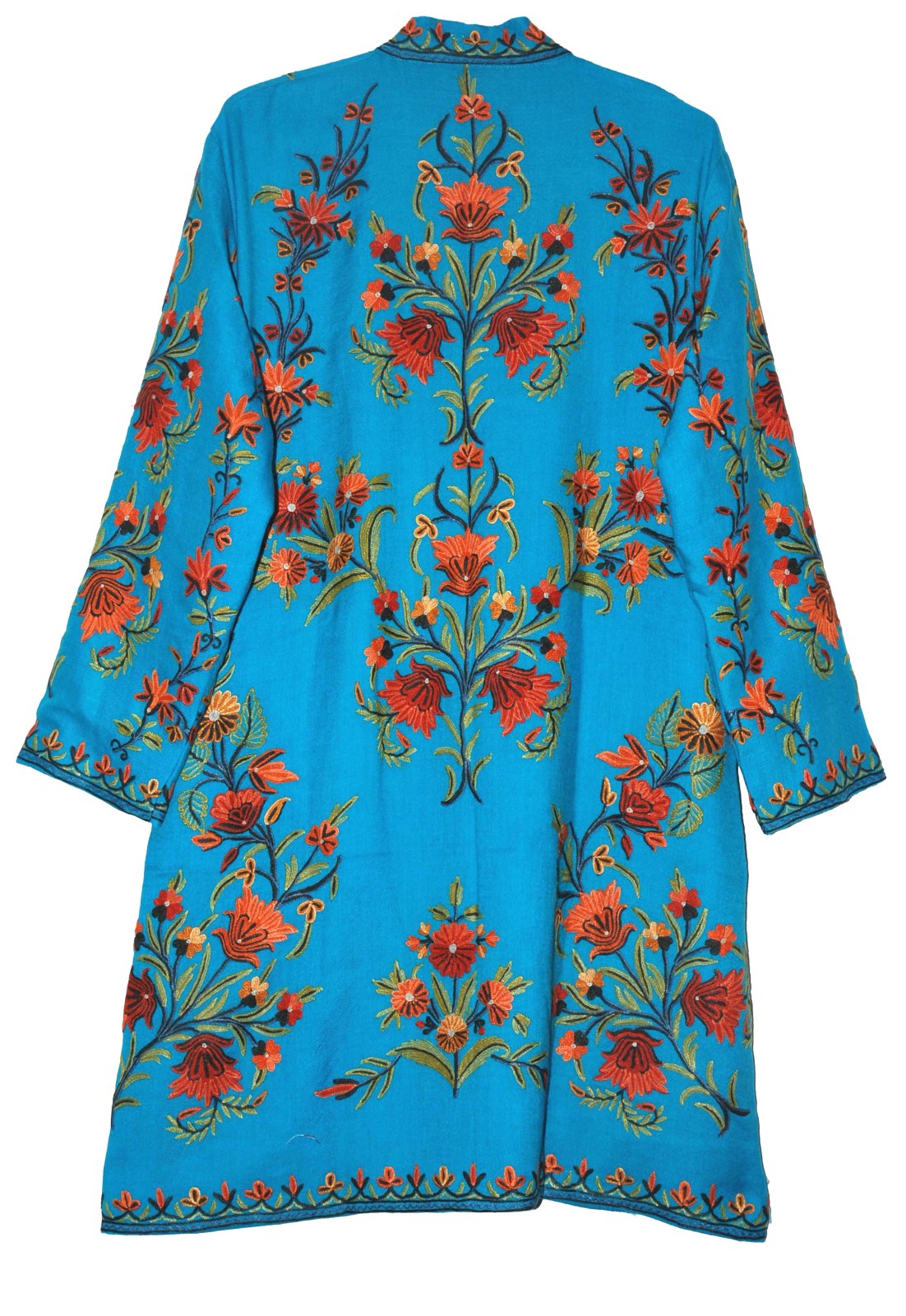 Woolen Embroidered Coat Long Jacket Sky Blue, Rust Embroidery #AO-175