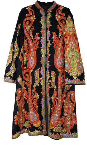 Woolen Coat Long Jacket Black, Multicolor Embroidery #AO-1602