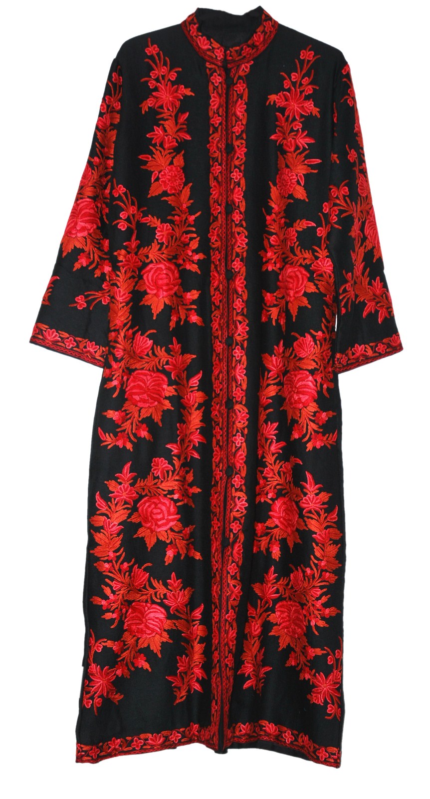 Woolen Coat Extra Long Jacket Black Maxi, Red Embroidery #SH-102