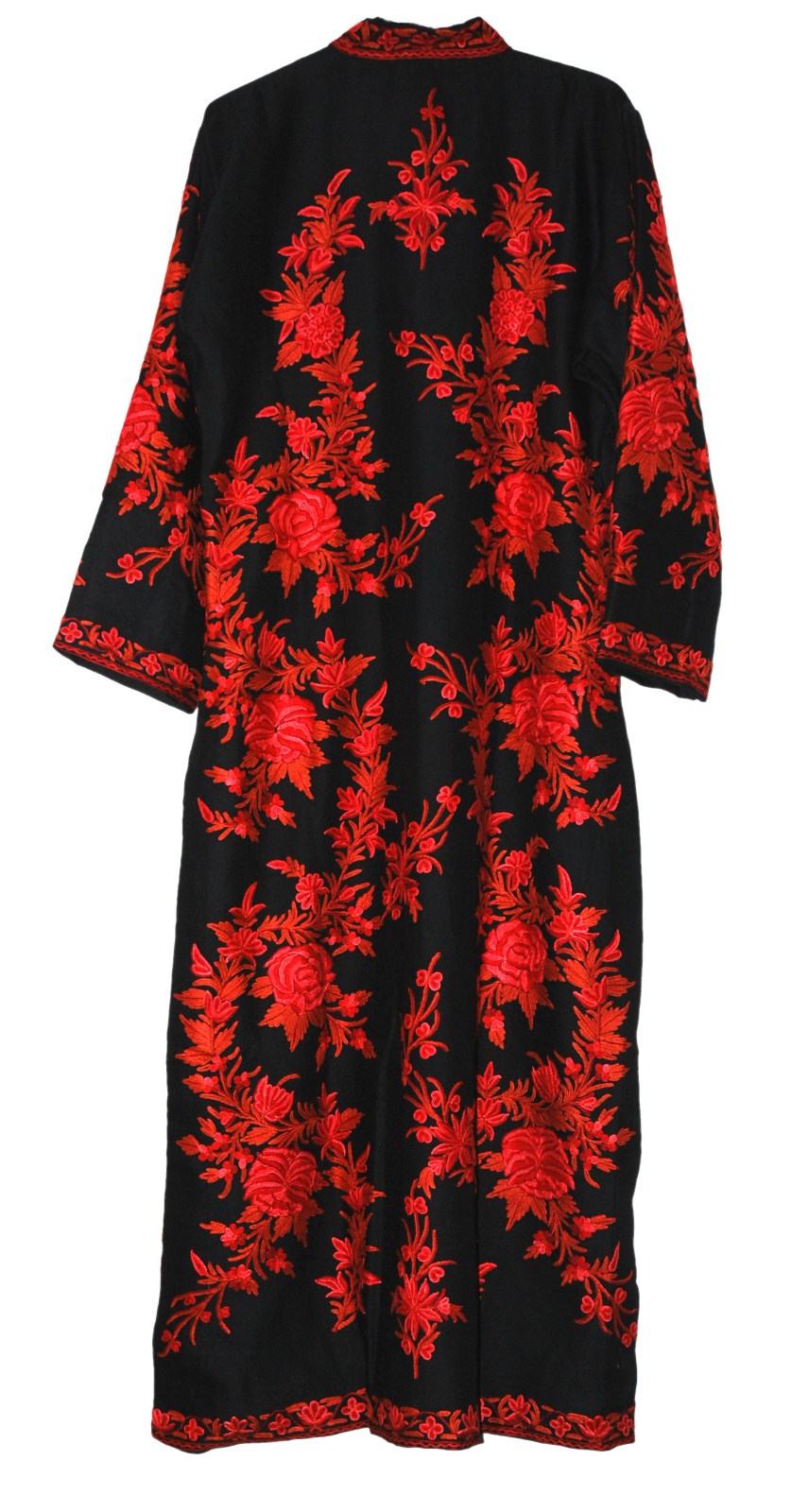 Woolen Coat Extra Long Jacket Black Maxi, Red Embroidery #SH-102
