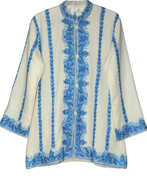 Embroidered Woolen Jacket White, Blue Embroidery #AO-006