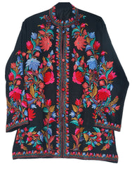 Kashmiri Woolen Jacket Black, Multicolor Embroidery #AO-008