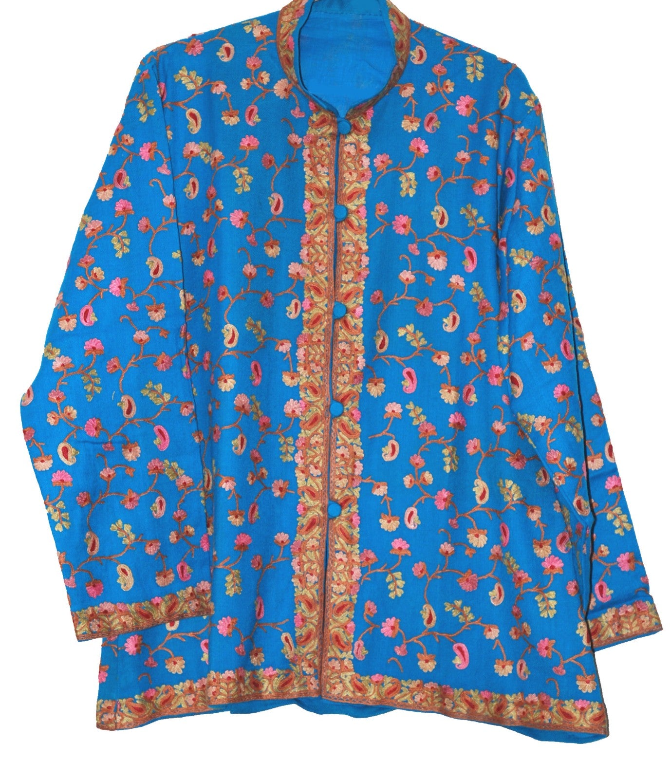 Embroidered Woolen Jacket Sky Blue, Multicolor Embroidery #AO-0091