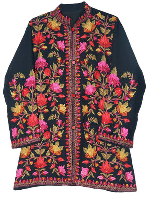Embroidered Woolen Jacket Black, Multicolor Embroidery #AO-009