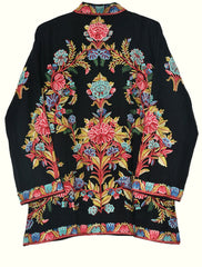 Kashmiri Woolen Jacket Black, Multicolor Embroidery #AO-013
